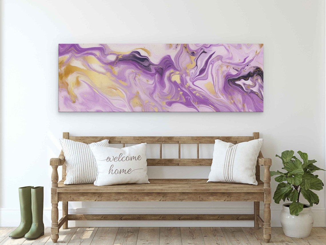 Vibrant Purple Gold Panoramic Marble Swirl Abstract Wall Art Poster - Image 2