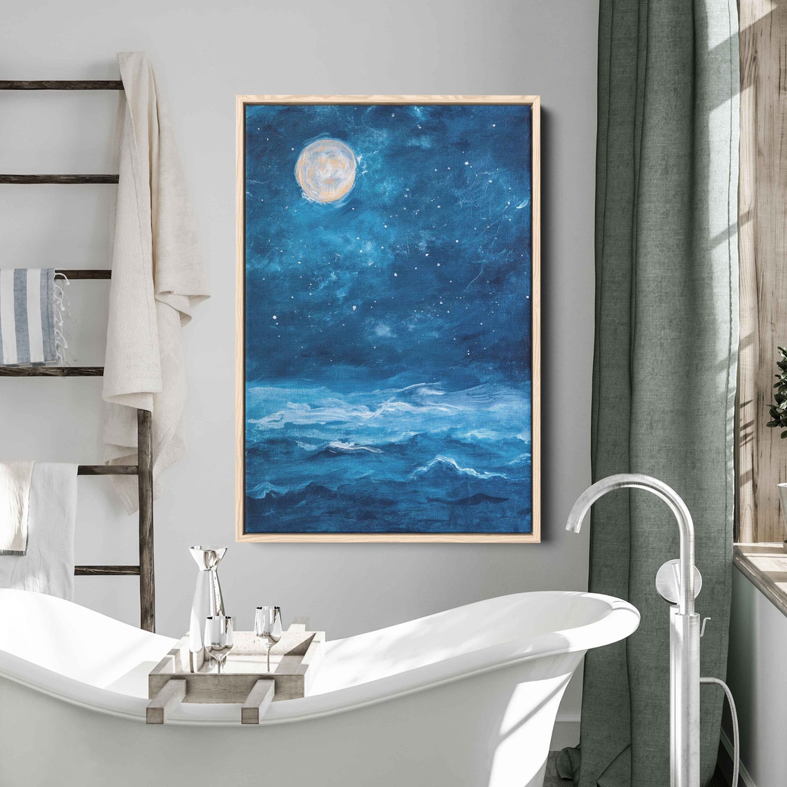 Full Moon Over Ocean Night Waves Starry Blue Seascape Art Poster - Image 2