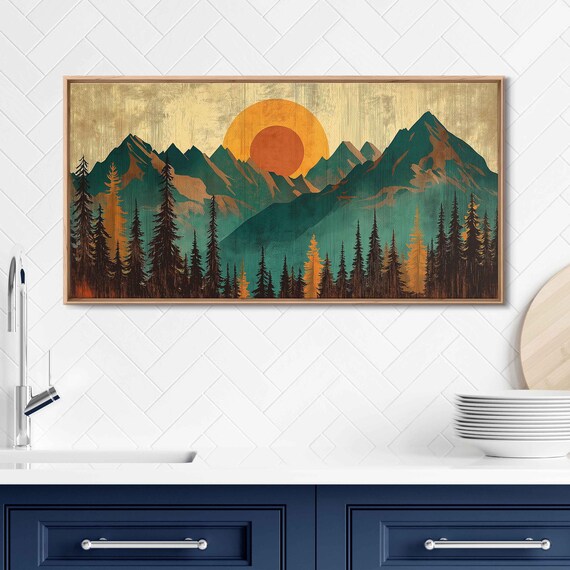 Woodcut Sunset Over Mountain Range And Forest Wall Art Print Nature Lover Outdoors Scenery Gift For Hiker Ready To Hang