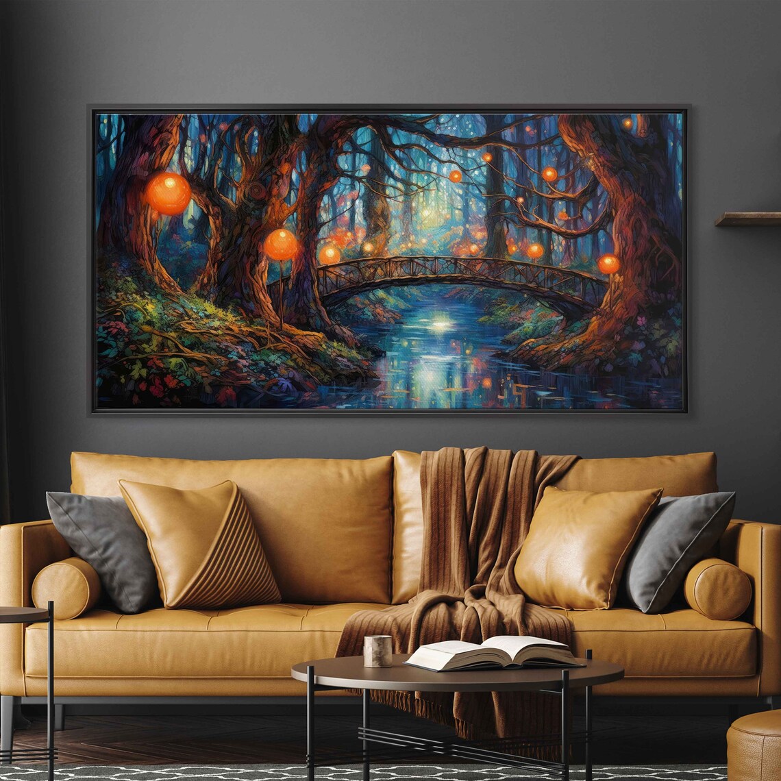 Enchanted Firefly Forest With Bridge Fantasy Art Magical Lanterns Framed Print Ready To Hang Panoramic Painting - Image 2