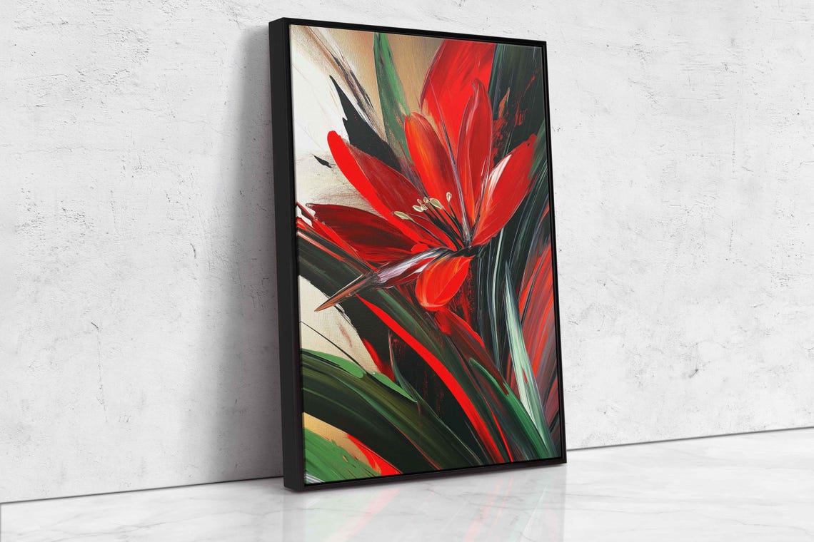 Bold Red Amaryllis Flower Abstract Brushstroke Floral Art Print - Image 4