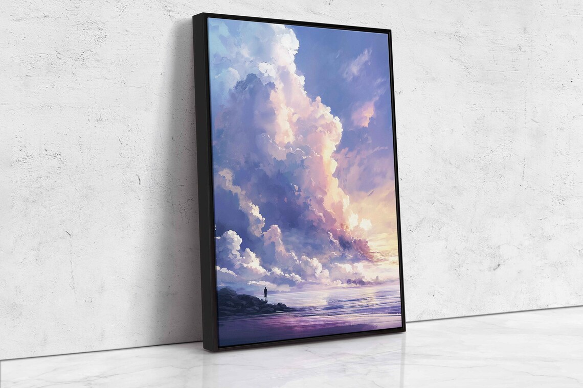 Pastel Cloud Tower Calm Purple Sea Lone Figure Dreamy Coastal Sky Wall Poster - Image 4