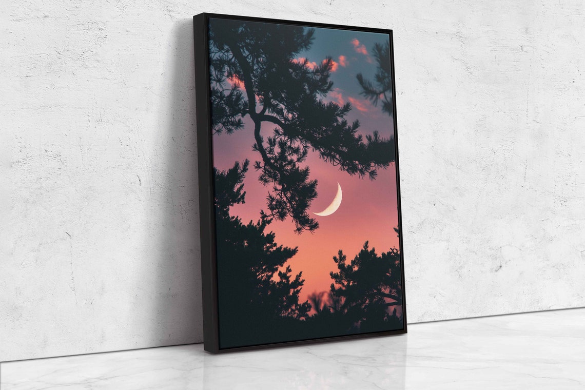 Crescent Moon Shown Through Tree Branches Wall Art Print Vibrant Pink Sky Nature Painting Ready To Hang - Image 4
