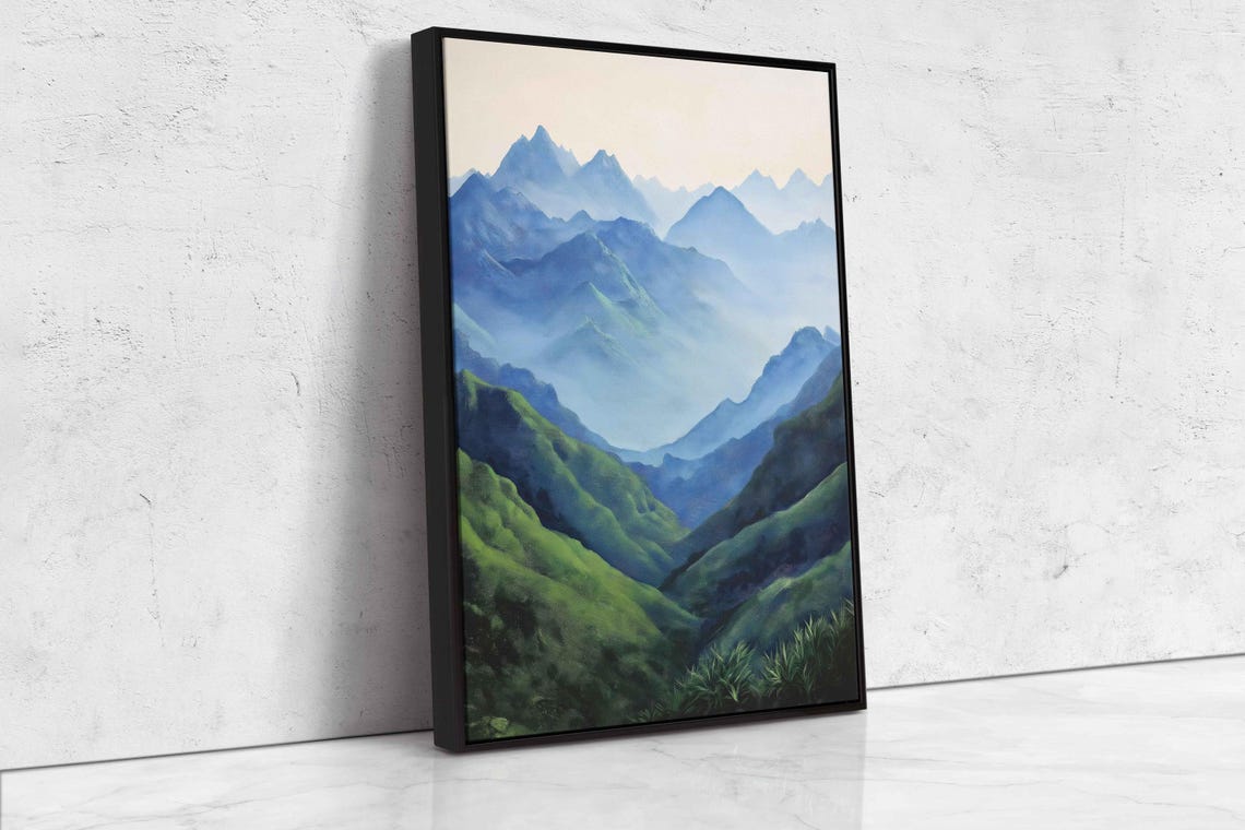 Misty Blue Green Mountain Valleys Layered Peaks Landscape Poster - Image 4