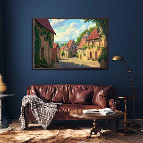 Quaint European Village Wall Art Print Vintage Travel Style Cobblestone Streets Pastel Buildings