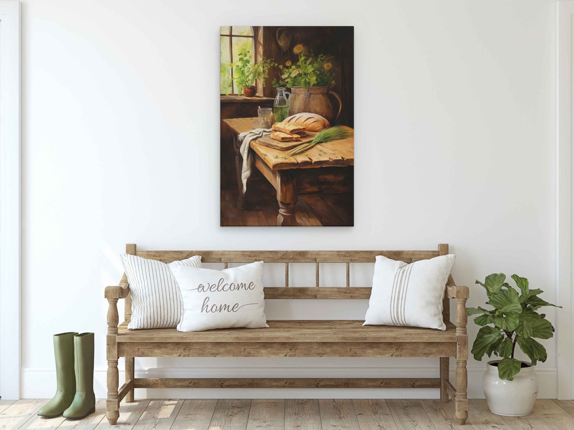 Rustic Bread Loaf Still Life Farmhouse Kitchen Table Vintage Art Print - Image 2
