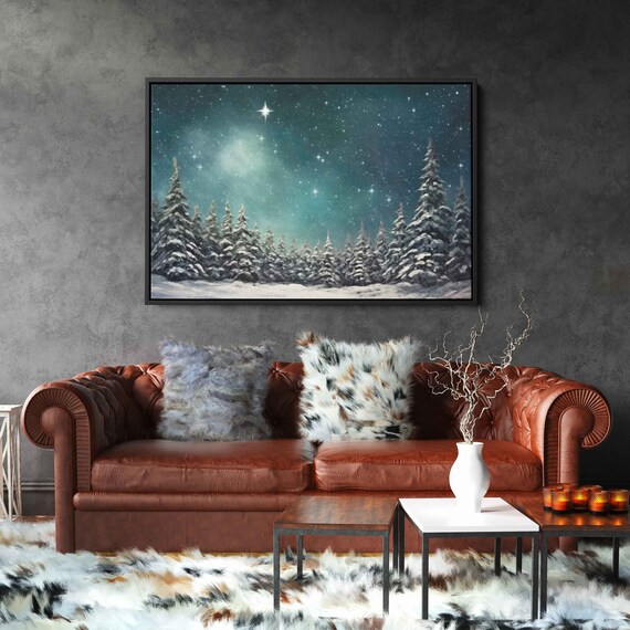 Silent Snowy Pine Trees Starry North Star Winter Night Poster