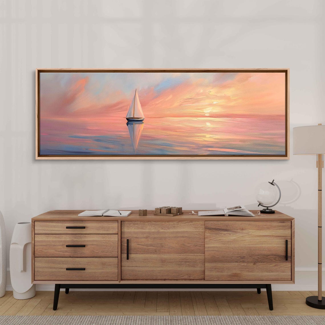 Sailboat On Pink Sunset Sea Mirror Reflection Panoramic Poster
