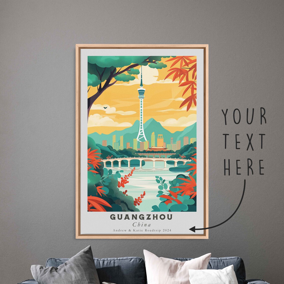 Guangzhou China Canton Tower River Bridge Sunrise Autumn Leaves Poster - Image 3