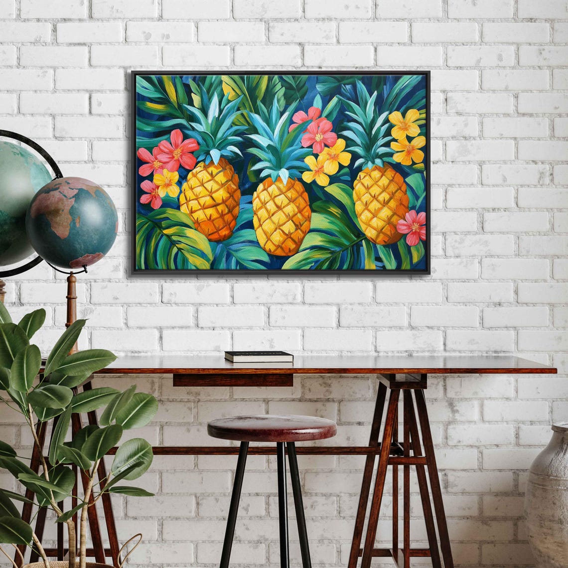 Golden Pineapples Palm Leaves Coral Flowers Tropical Art Poster