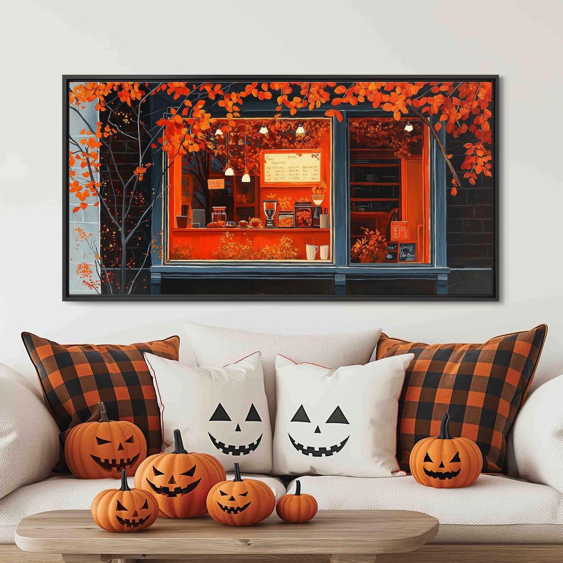 Glowing Coffee Shop Window Dusk Autumn Leaves Orange Light Wall Art - Image 3