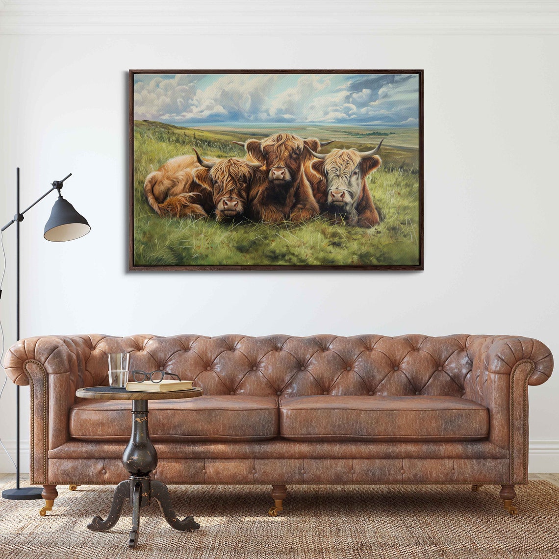 Highland Cows Resting Green Pasture Cloudy Sky Farm Animal Poster