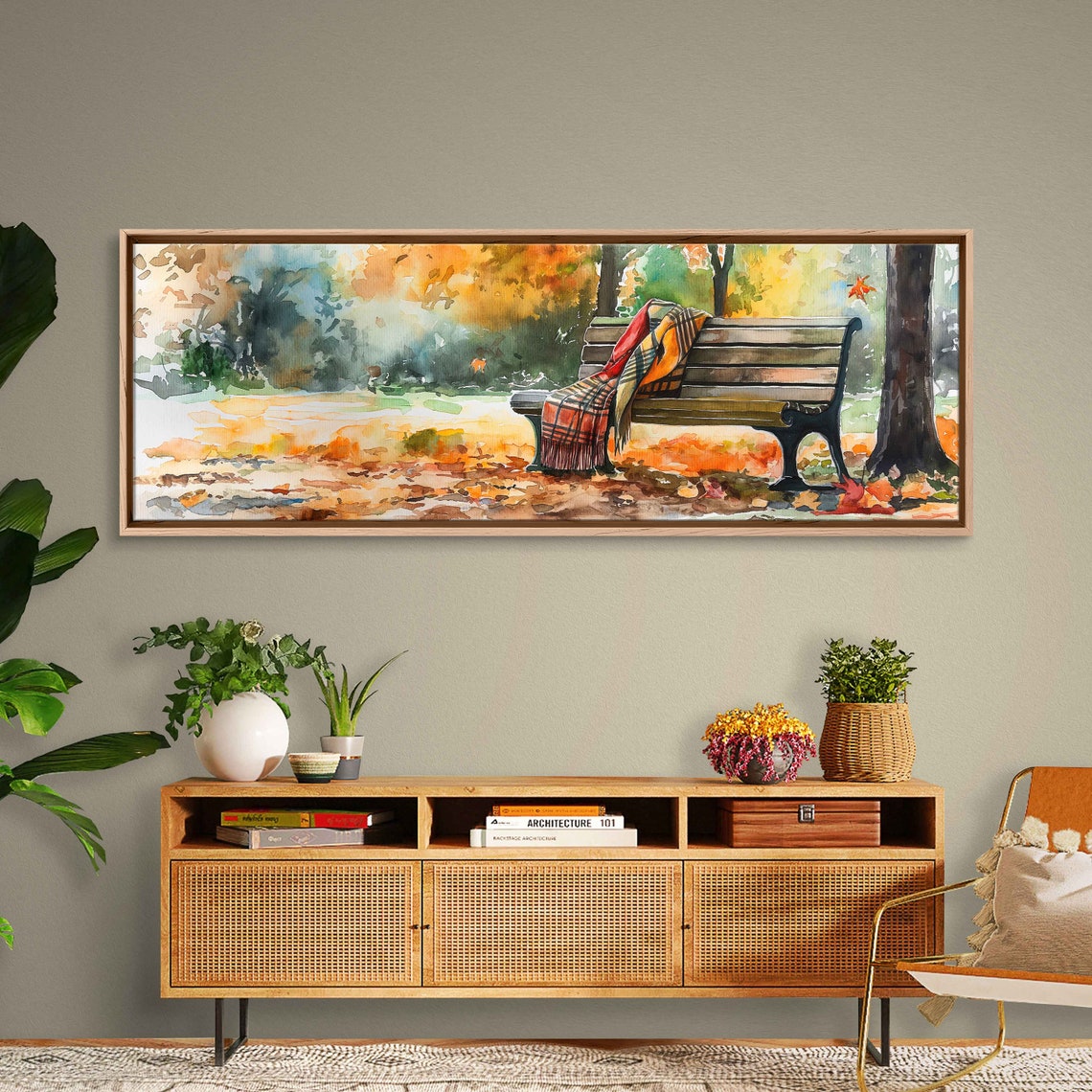 Park Bench With Red Plaid Blanket In Autumn Park Watercolor Poster - Image 3