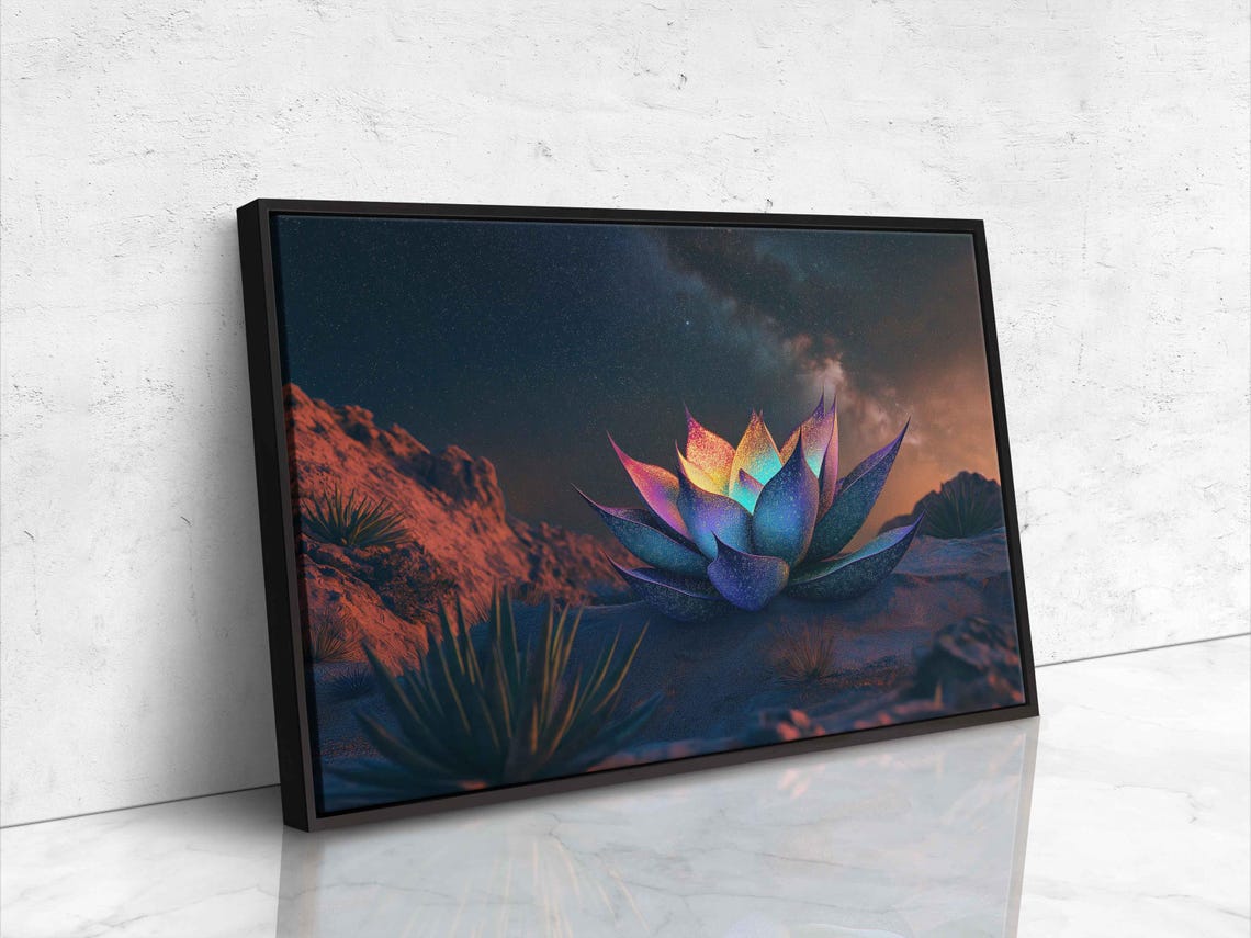 Glowing Rainbow Agave Under Starry Desert Night Sky Art Poster - Image 4