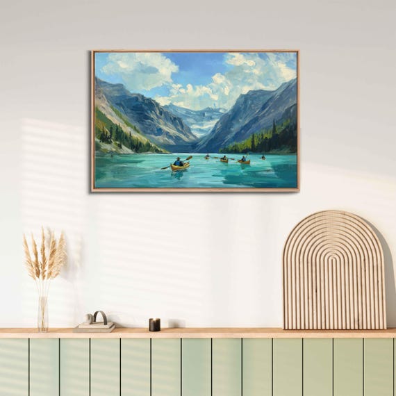 Kayakers On Serene Lake, Landscape Art Print