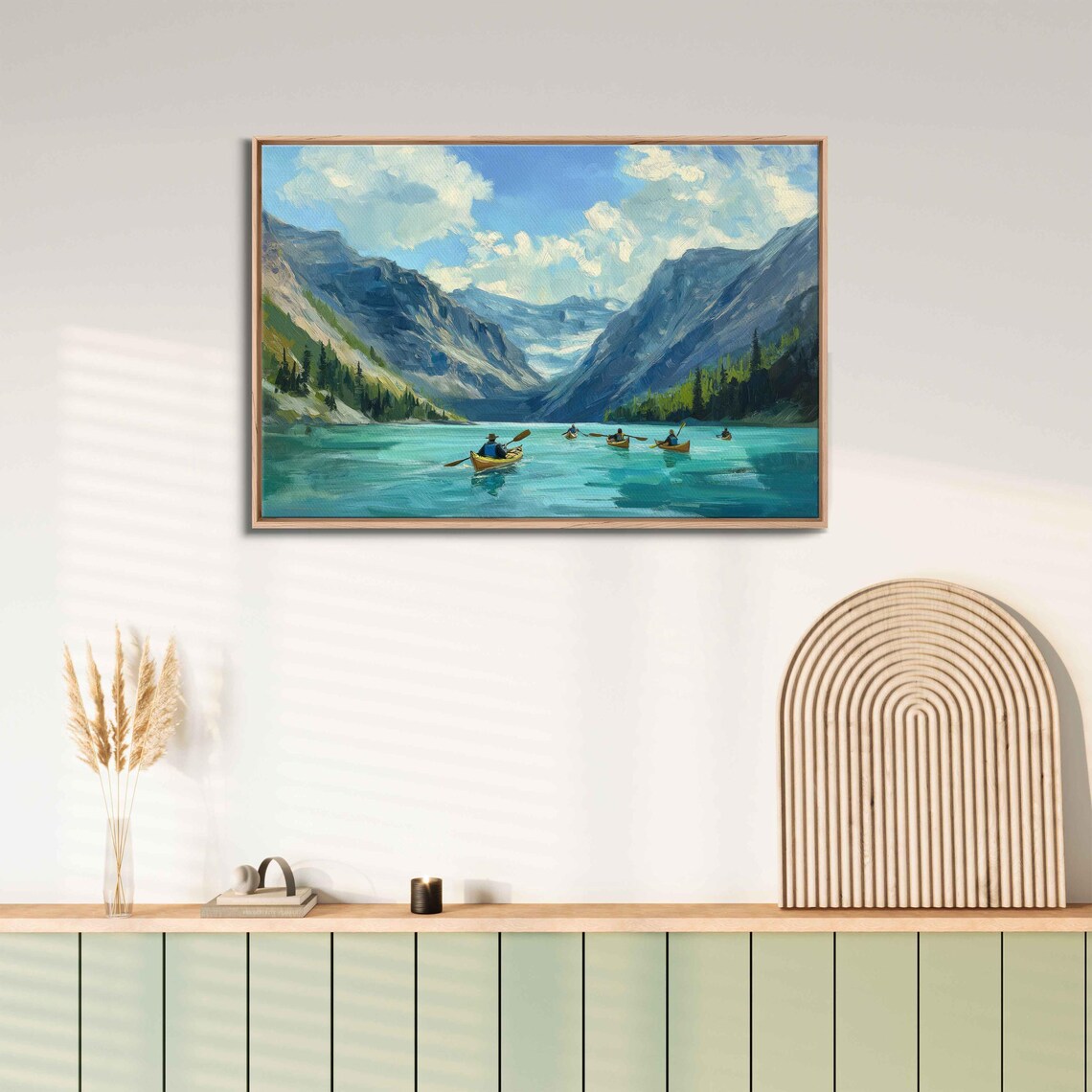 Kayakers On Serene Lake, Landscape Art Print