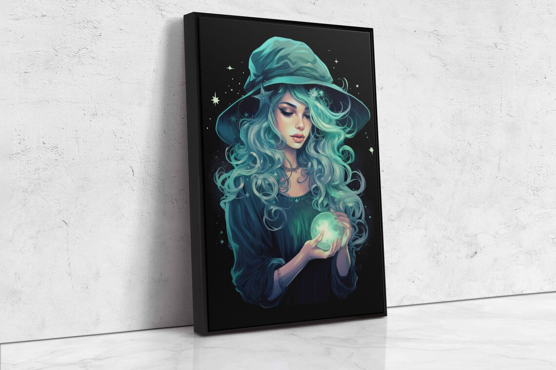 Celestial Witch Teal Hair Glowing Orb Stars Dark Night Halloween Art Print - Image 4