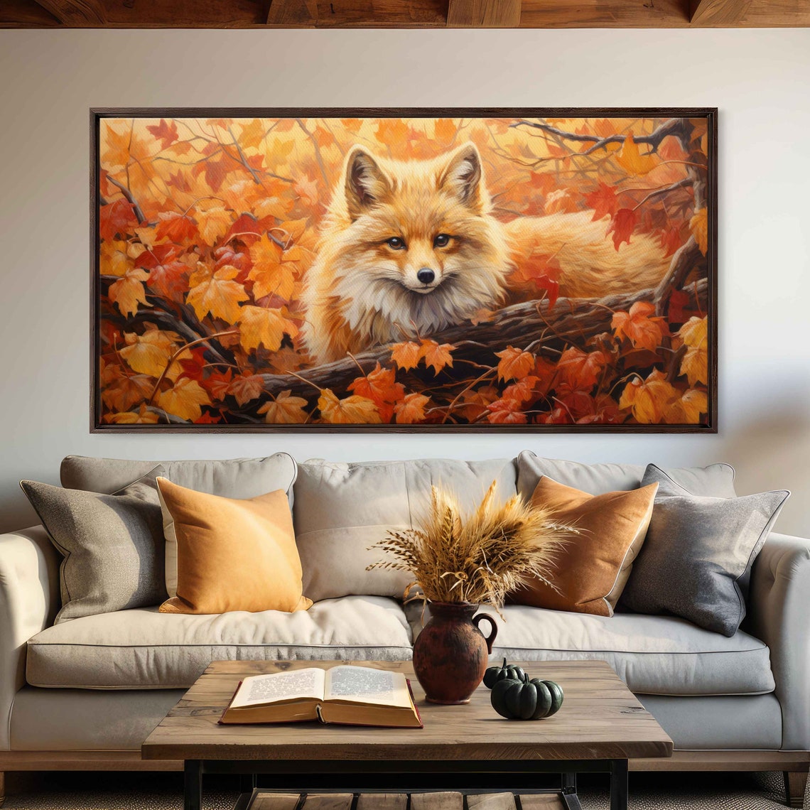 Fox on Branch Golden Autumn Leaves Wildlife Panoramic Wall Art