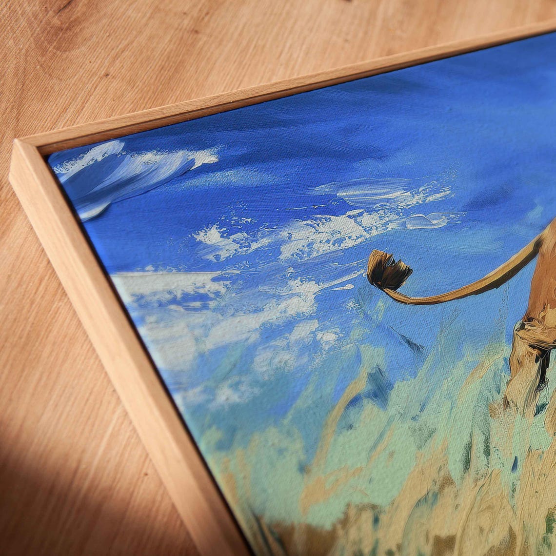 Majestic Lion Leaping Through Tall Grass Vibrant Blue Sky Art Poster - Image 2