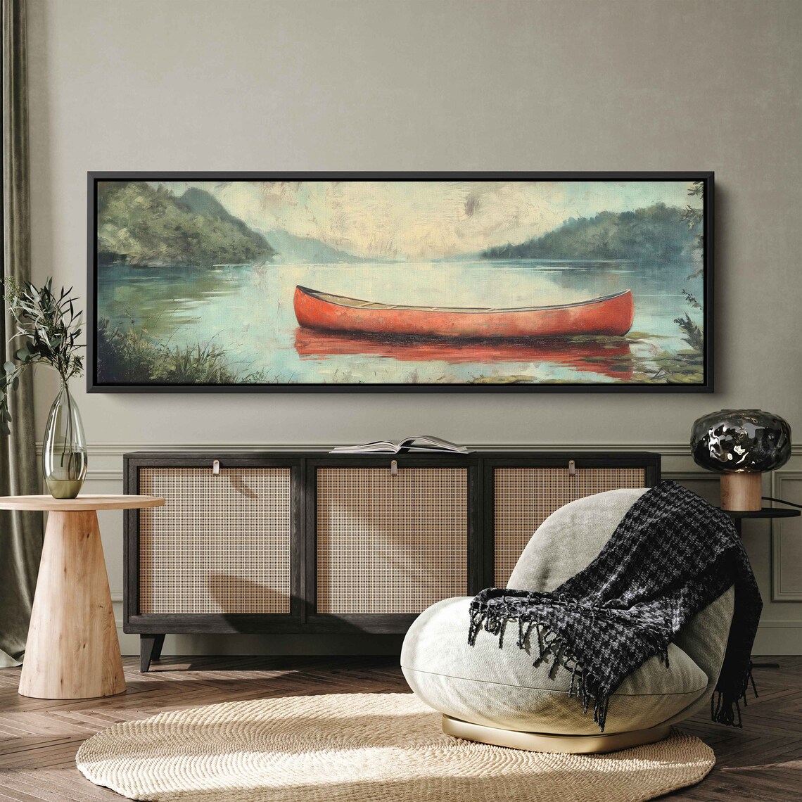 Vintage Wooden Canoe in Lake, Oil Wall Art Print - Image 2