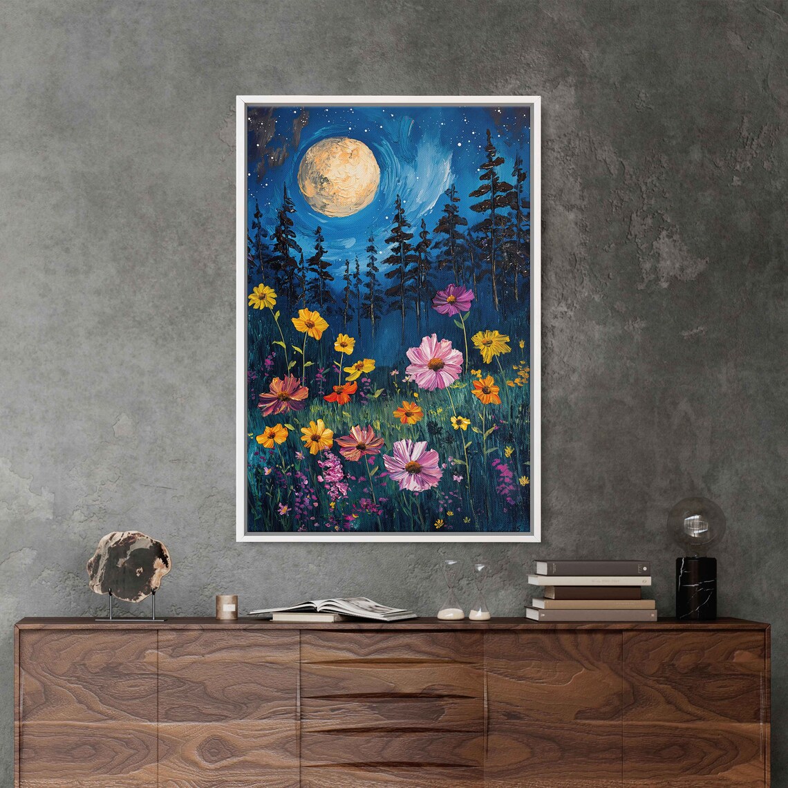 Full Moon Wildflower Meadow Pine Forest Night Sky Bloom Painting Poster - Image 2