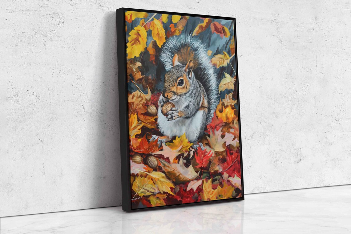 Gray Squirrel Eating Acorns Autumn Leaves Wildlife Wall Poster - Image 4