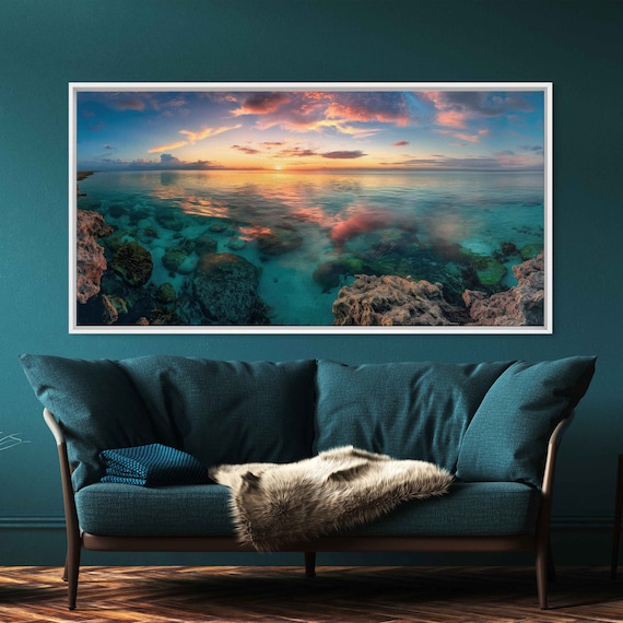 Florida Keys Shoreline During Sunset Wall Art Print Aquatic Ocean Painting Calm Waters Underwater Coral Ready To Hang