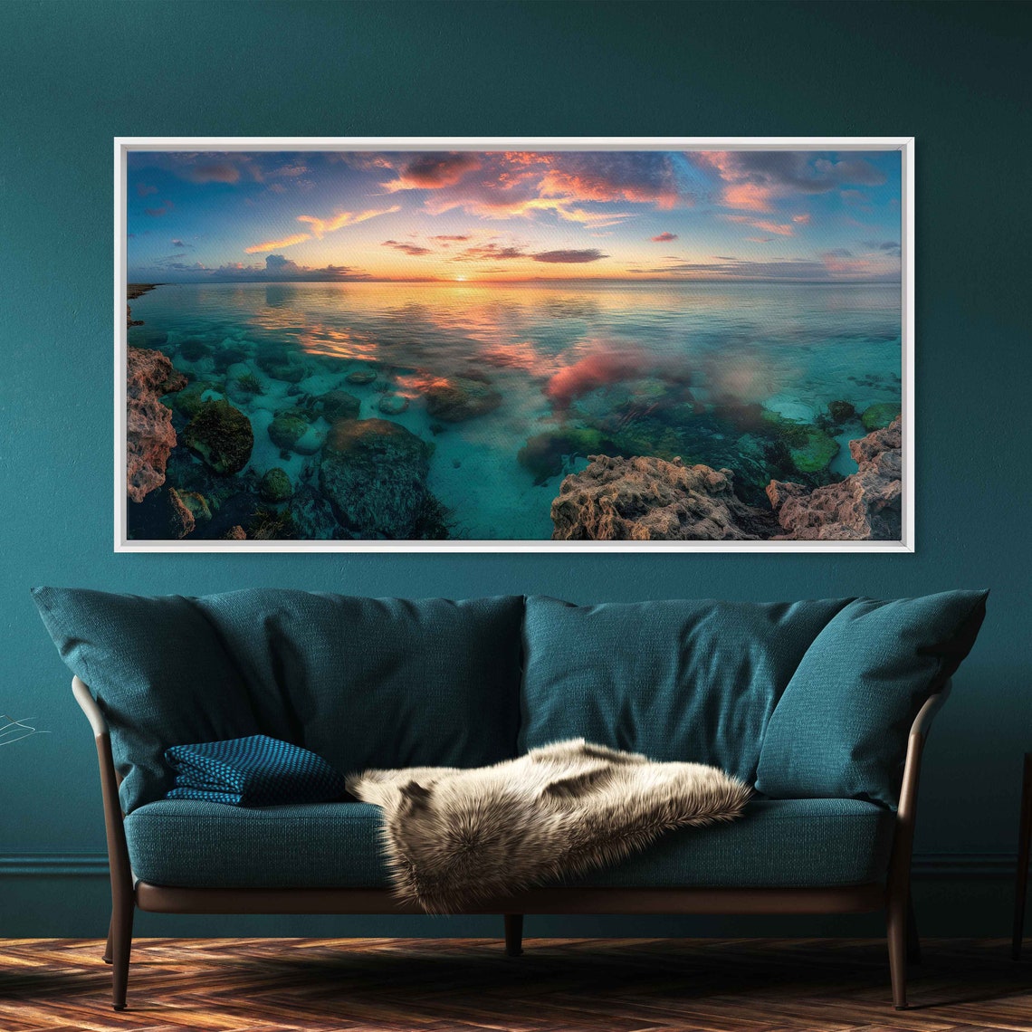 Ocean Sunset Over Crystal Clear Turquoise Water Rocky Shore Poster