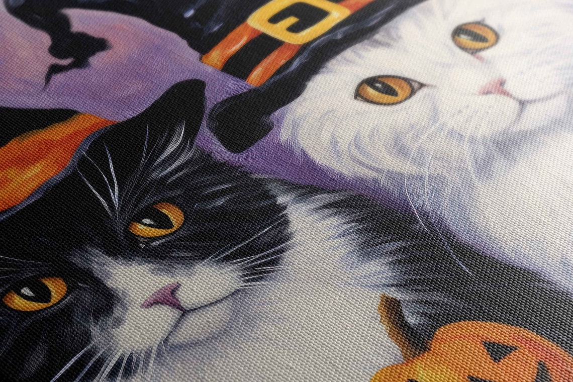 Cute Halloween Cat Wizards Oil Painting Framed Reproduction Print Ready To Hang - Image 2