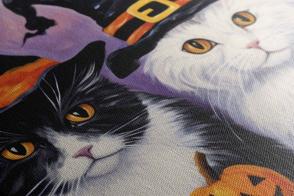 Halloween Witch Cats Jack O Lanterns Cute Black White Cat Painting Print - Image 2