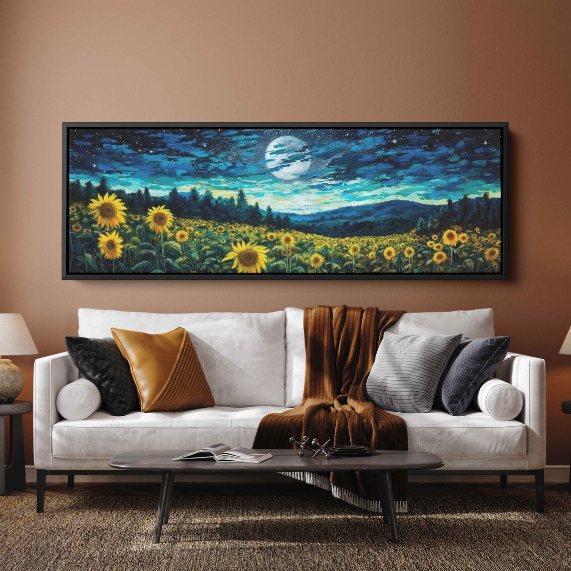 Sunflower Field Moonlit Night Sky Panoramic Yellow Bloom Art Poster - Image 3