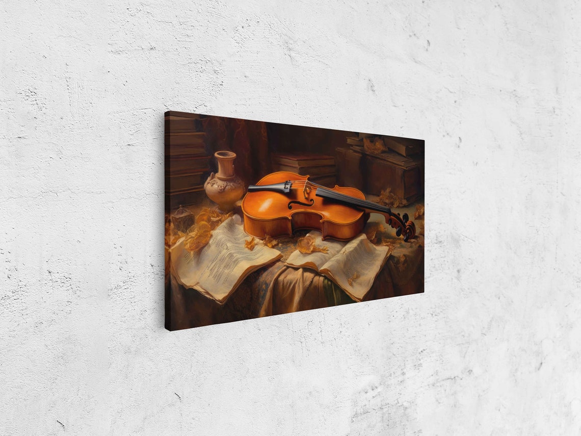 Vintage Violin Resting On Sheet Music Books Still Life Painting Print - Image 4