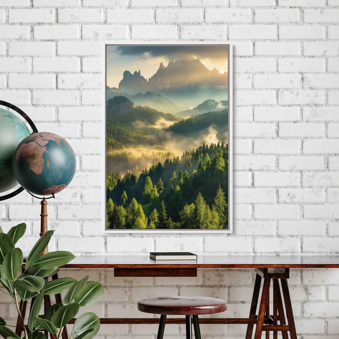 Sunlit Misty Forest Lush Greenery Mountain Ranges Cloudy Skies Wall Art Print Ready To Hang - Image 3
