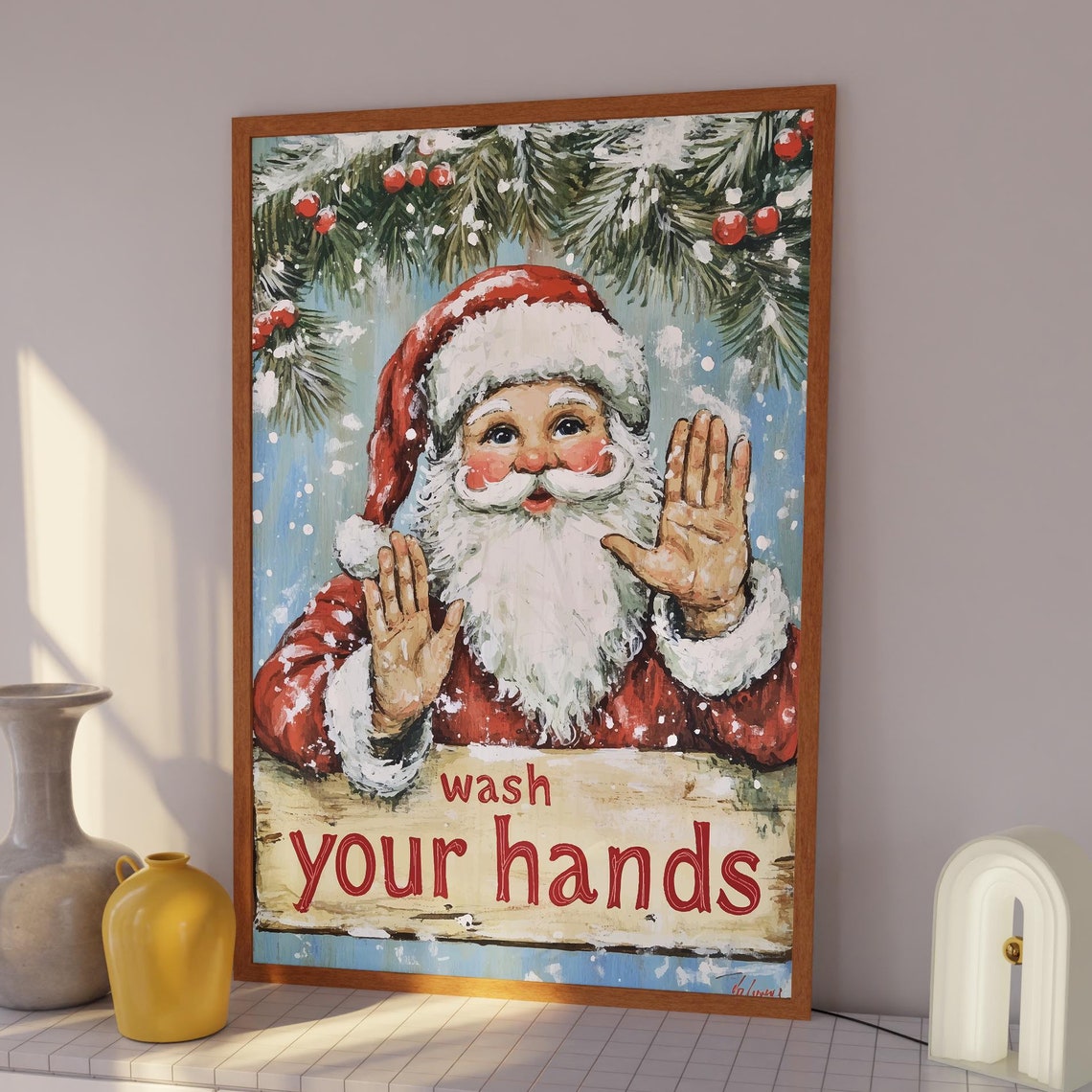 Vintage Santa Claus Print Fanny Santa Bathroom Wall Art Wash Your Hands Santa Painting Festive Fun Christmas Holiday Decor