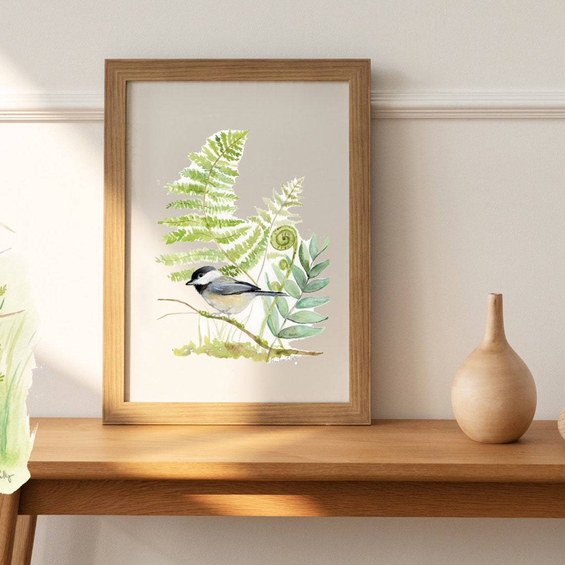 Chickadee Watercolor Print with Green Ferns on Cream Background