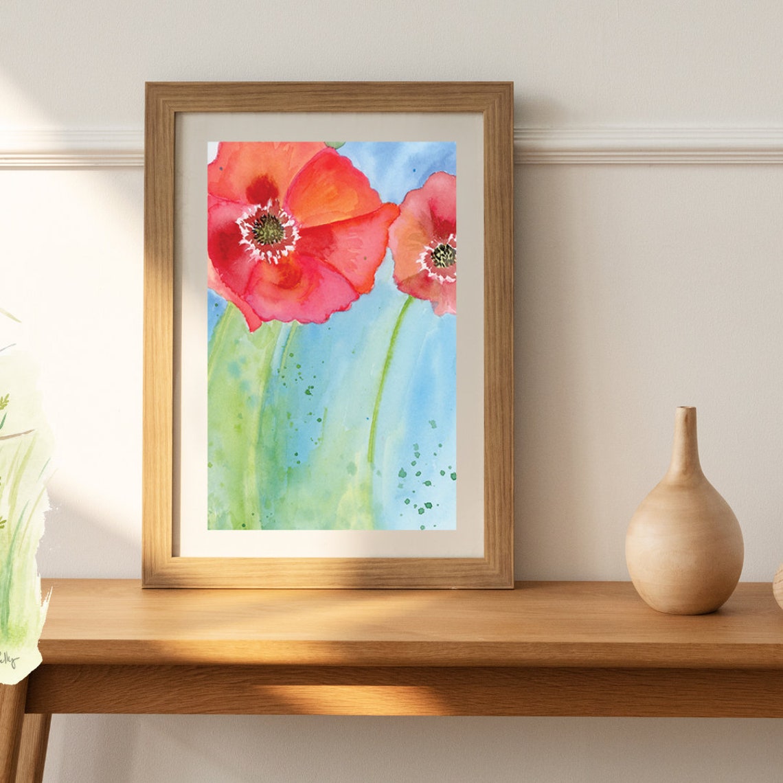 Red Poppy Watercolor Print with Two Blooms on Blue Background