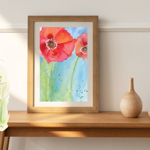 Red Poppy Watercolor Print with Two Blooms on Blue Background
