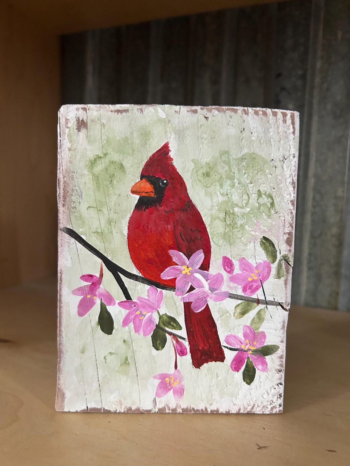 Red Cardinal on Blossoming Branch Painting Print Rustic Barn Board