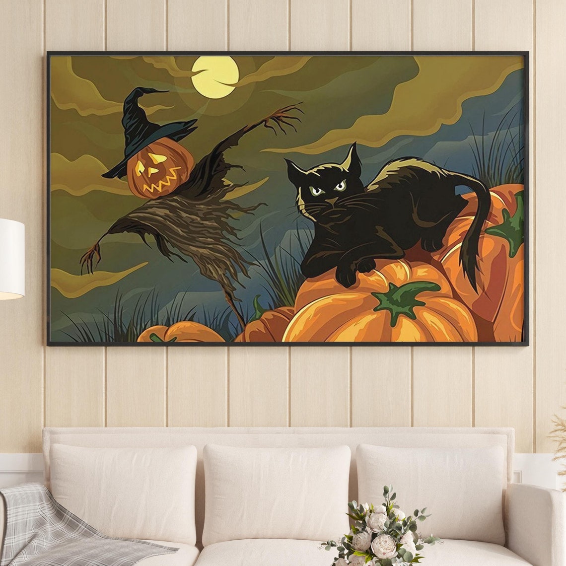 Black Cat On Pumpkins With Scarecrow Halloween Night Scene Poster