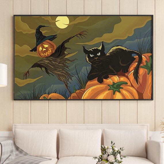 Black Cat On Pumpkins With Scarecrow Halloween Night Scene Poster