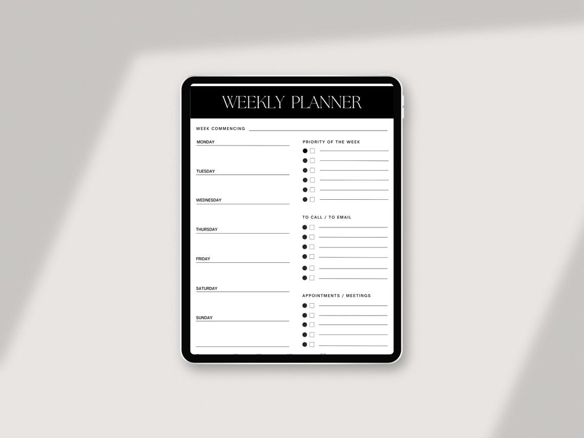 Weekly Planner Minimalist Priorities Appointments Sheet Print