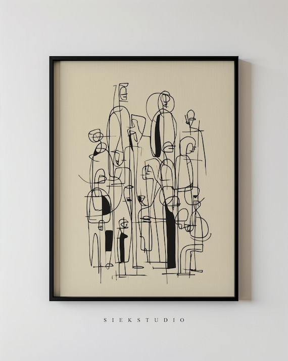 Modern Abstract Figurative Black Line Drawing Sketch Minimalist Neutral People Wall Art Contemporary Expressive Decor 227