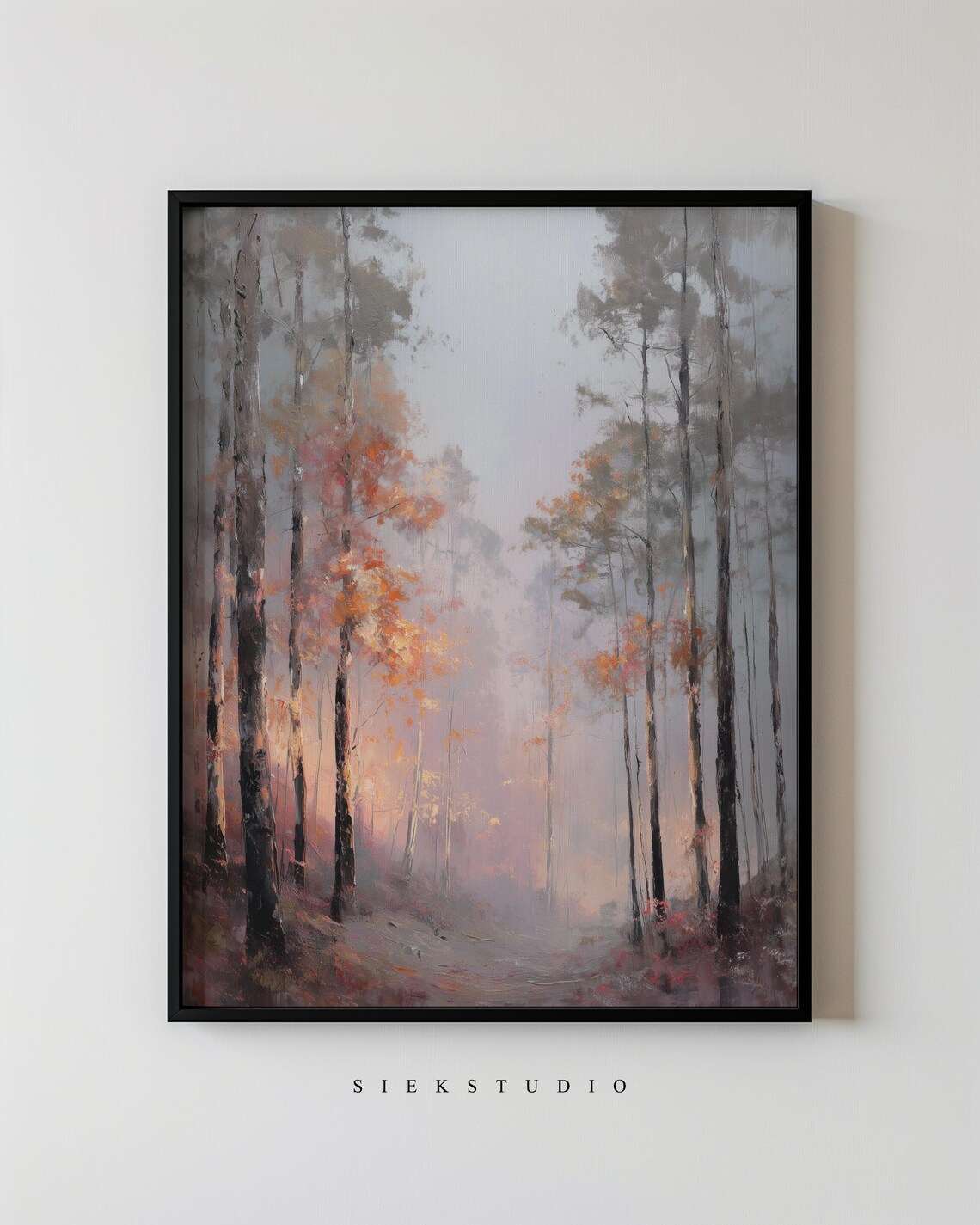 Tall Forest In Mist Warm Light Through Fog Woodland Art Poster