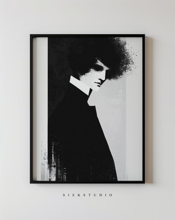 Dark Academia Portrait Art Nouveau Black And White Male Silhouette Wall Moody Vintage Gothic Poster