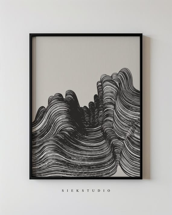 Modern Abstract Line Art Minimalist Black Wave Pattern Drawing Contemporary Neutral Wall Home Decor 173