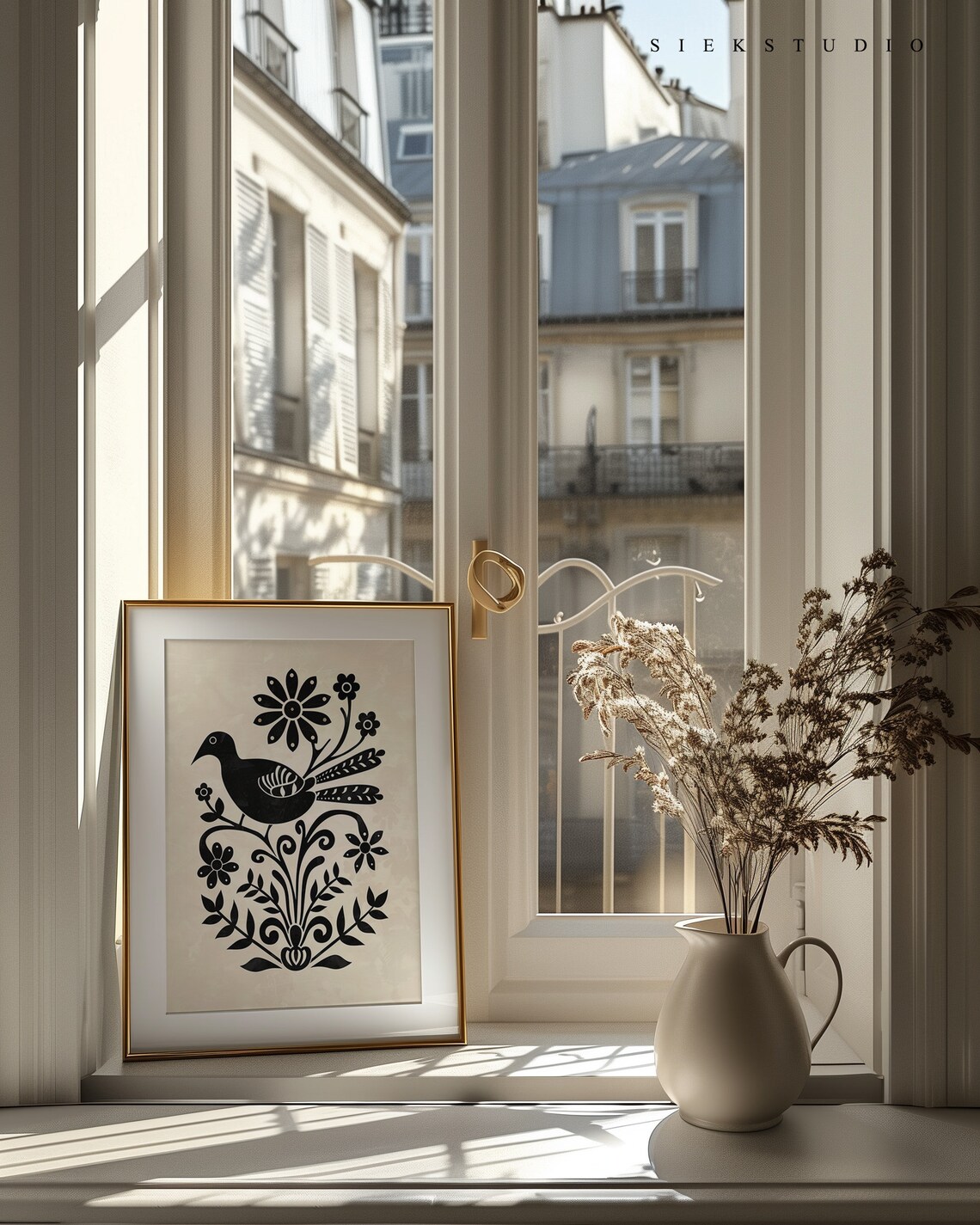 Folk Art Black Bird Perched Among Garden Flowers Botanical Poster - Image 3