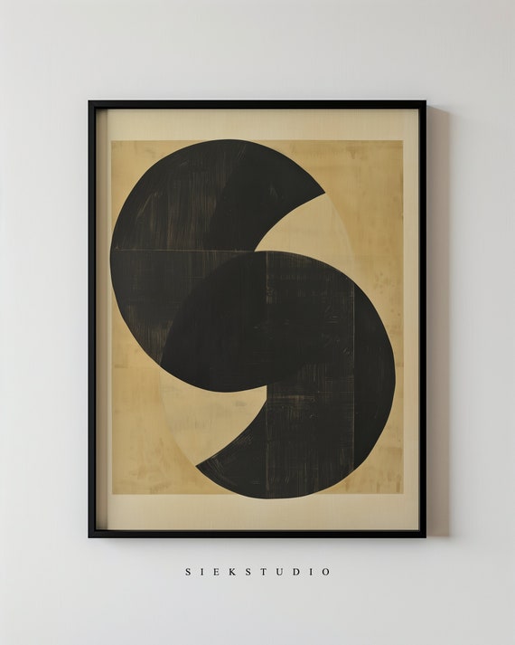 Geometric Abstract Art Modern Neutral Wall Black Beige Yellow Minimalist Painting Contemporary Circles Decor