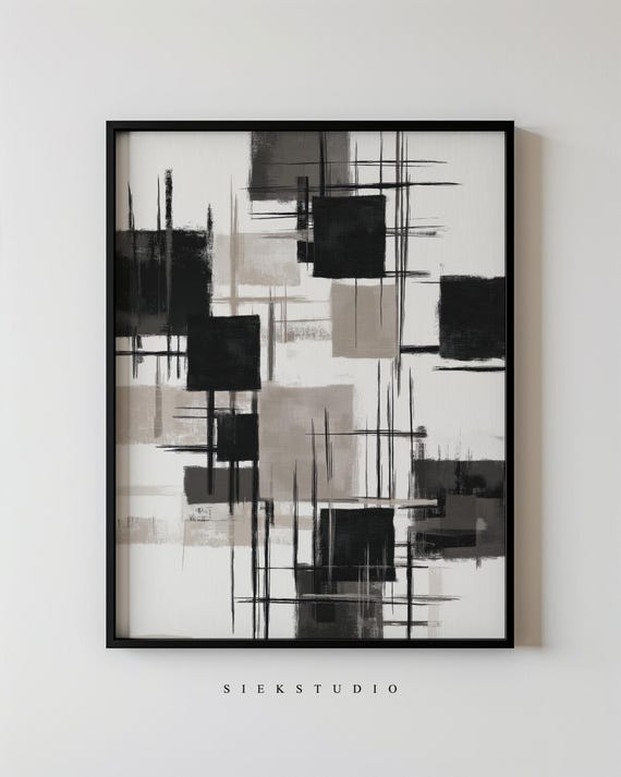 Abstract Minimalist Geometric Square Blocks Modern Grey Black And White Line Wall Art Contemporary Neutral Home Decor 221