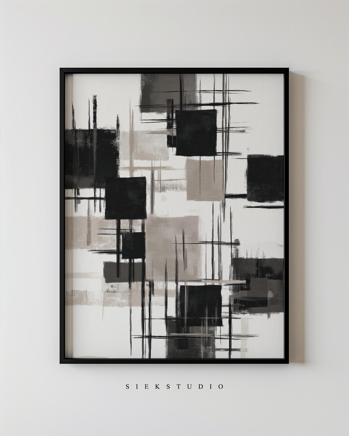 Abstract Minimalist Geometric Square Blocks Modern Grey Black And White Line Wall Art Contemporary Neutral Home Decor 221