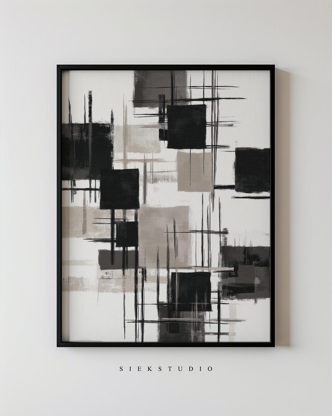 Black and White Geometric Square Blocks Abstract Minimalist Poster